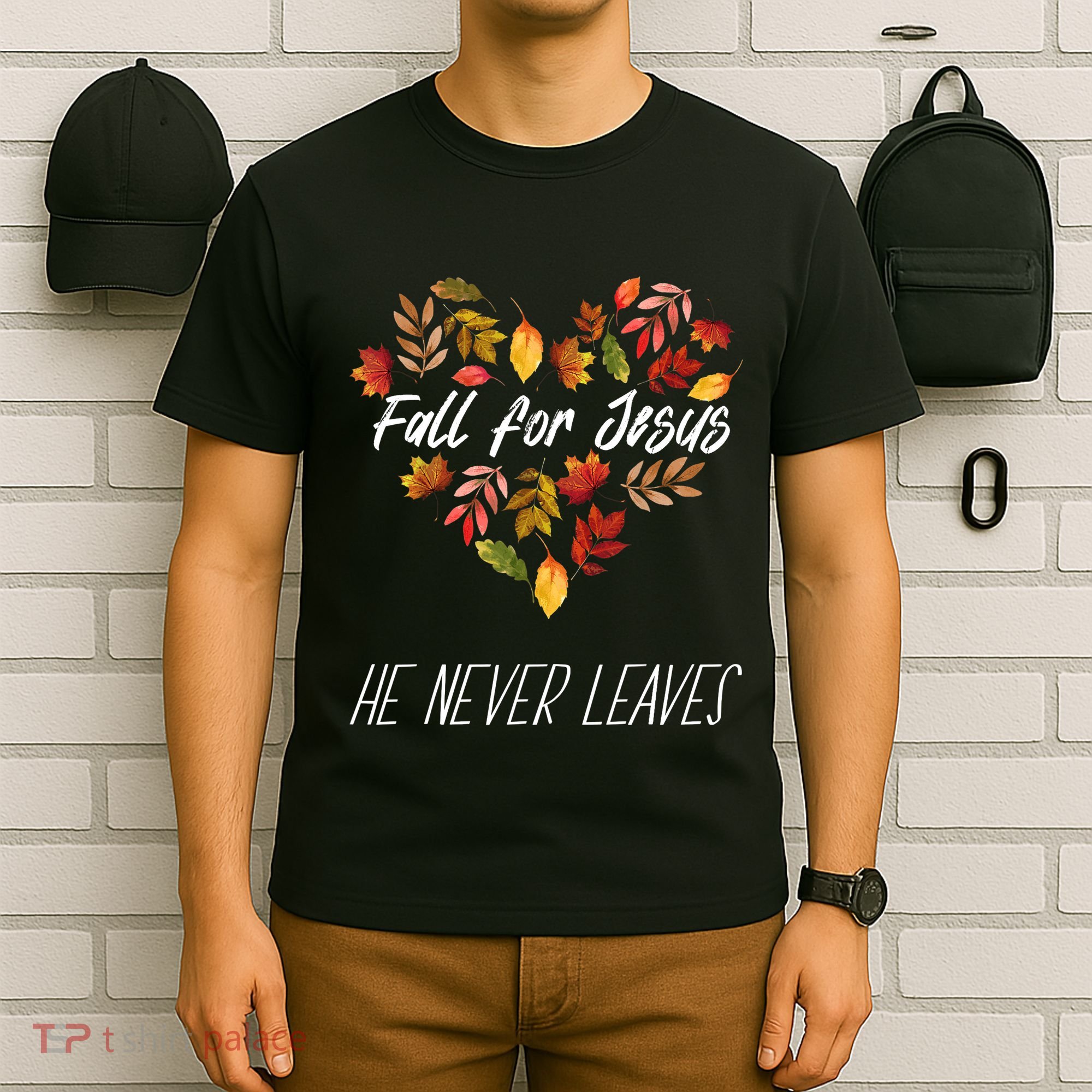 Fall For Jesus He Never Leaves Autumn Religious Christian T-Shirt
