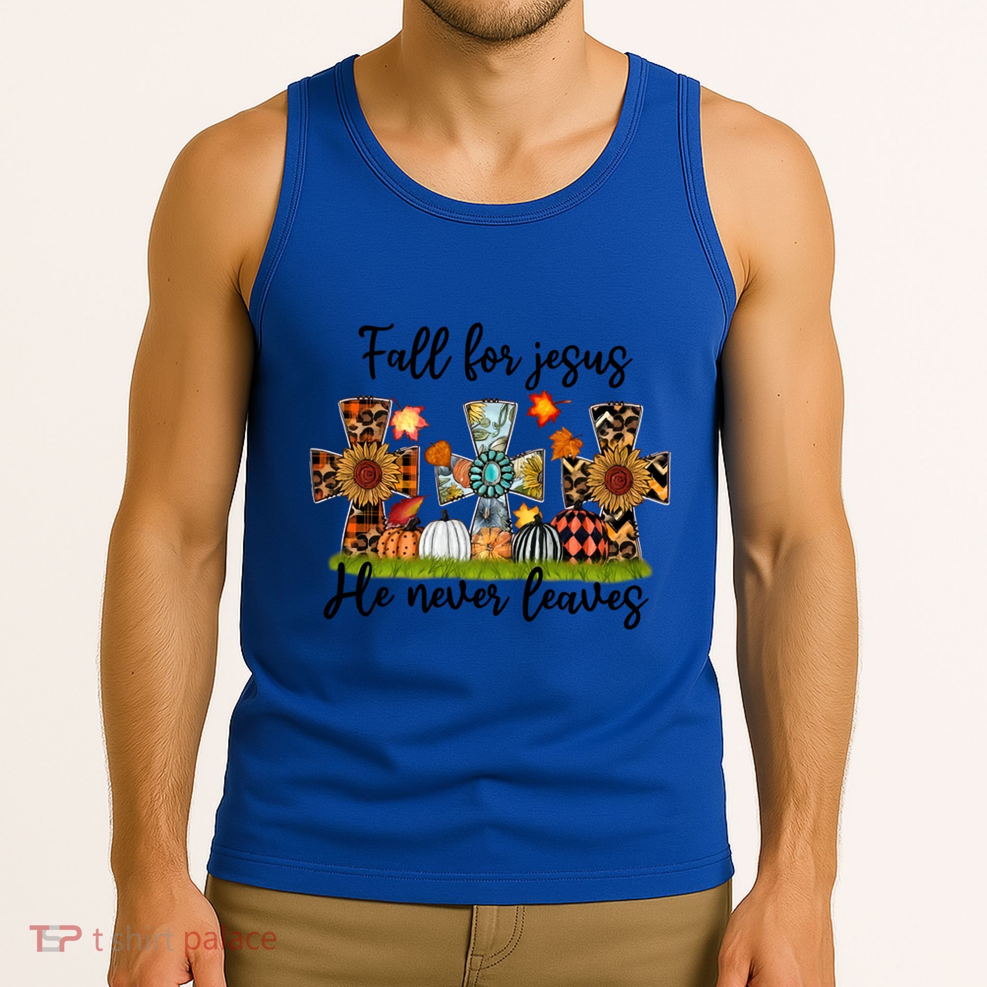 Fall For Jesus He Never Leaves Thanksgiving Family Matching Gift Tank Top
