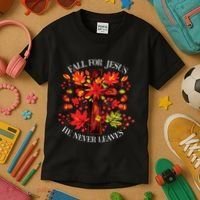 Fall For Jesus He Never Leaves Kids T-Shirt thumb 3