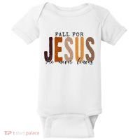 Fall For Jesus He Never Leaves Quote Baby Bodysuit thumb 0