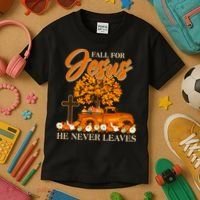 Fall For Jesus Ne Never Leaves Kids T-Shirt thumb 3