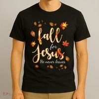 Fall For Jesus He Never Leaves Autumn T-Shirt thumb 3
