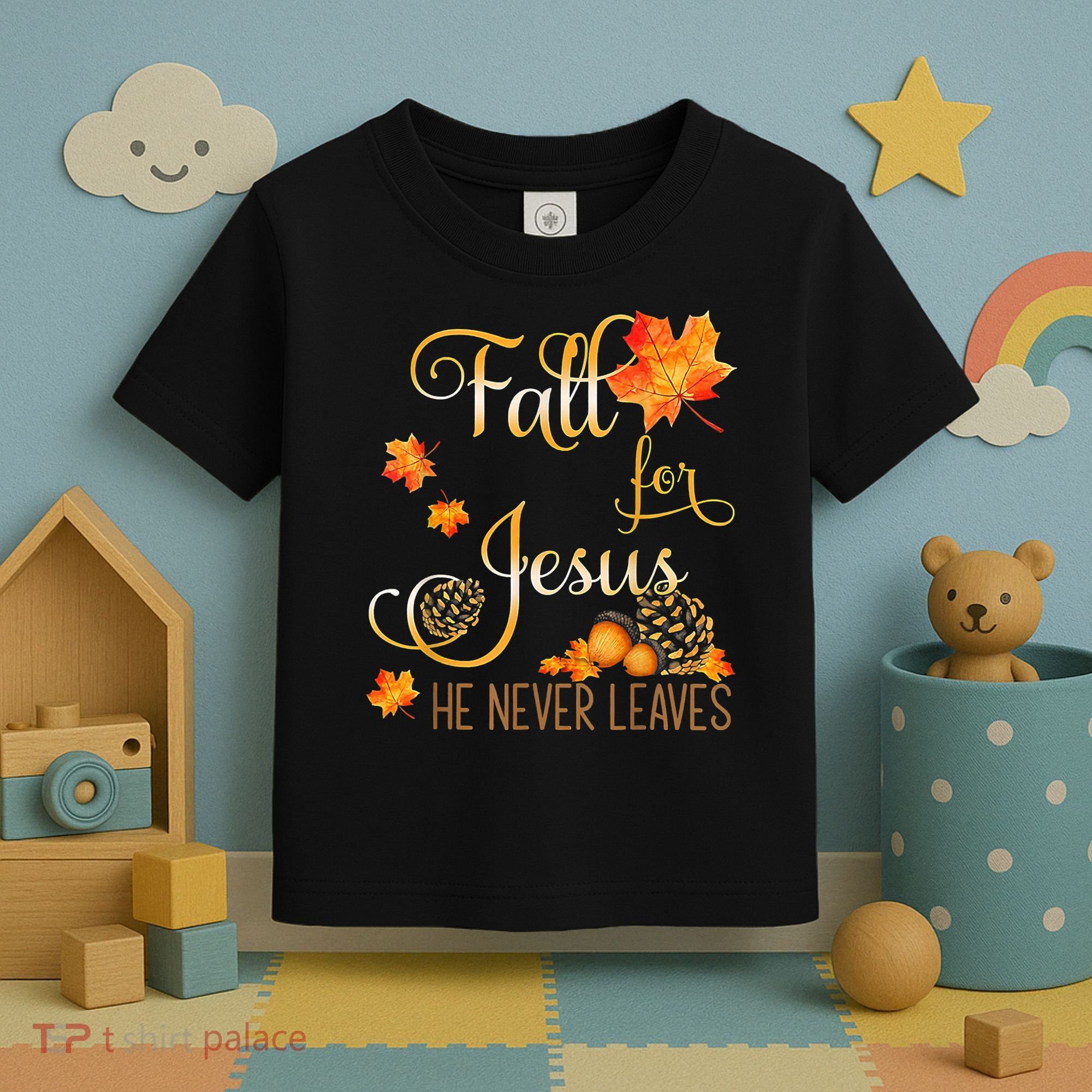 Fall For Jesus He Never Leaves Autumn Christian Prayers Toddler T-Shirt