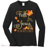 Fall For Jesus He Never Leaves Autumn Christian Prayers Women's Long Sleeve Shirt thumb 0