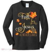 Fall For Jesus He Never Leaves Autumn Christian Prayers Kids Long Sleeve Shirt thumb 0