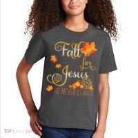 Fall For Jesus He Never Leaves Autumn Christian Prayers Kids T-Shirt thumb 2