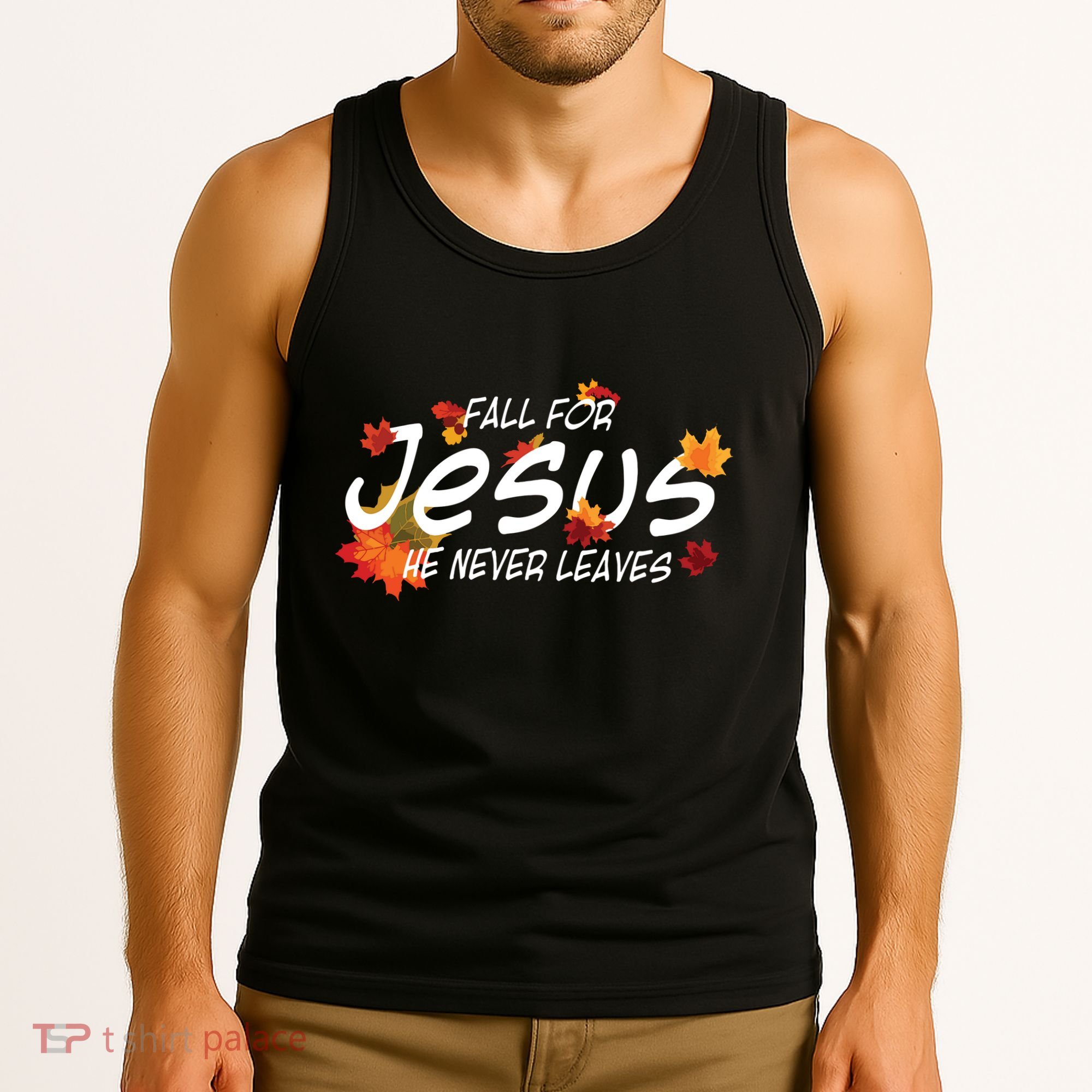 Fall For Jesus He Never Leaves Christian Halloween Tank Top