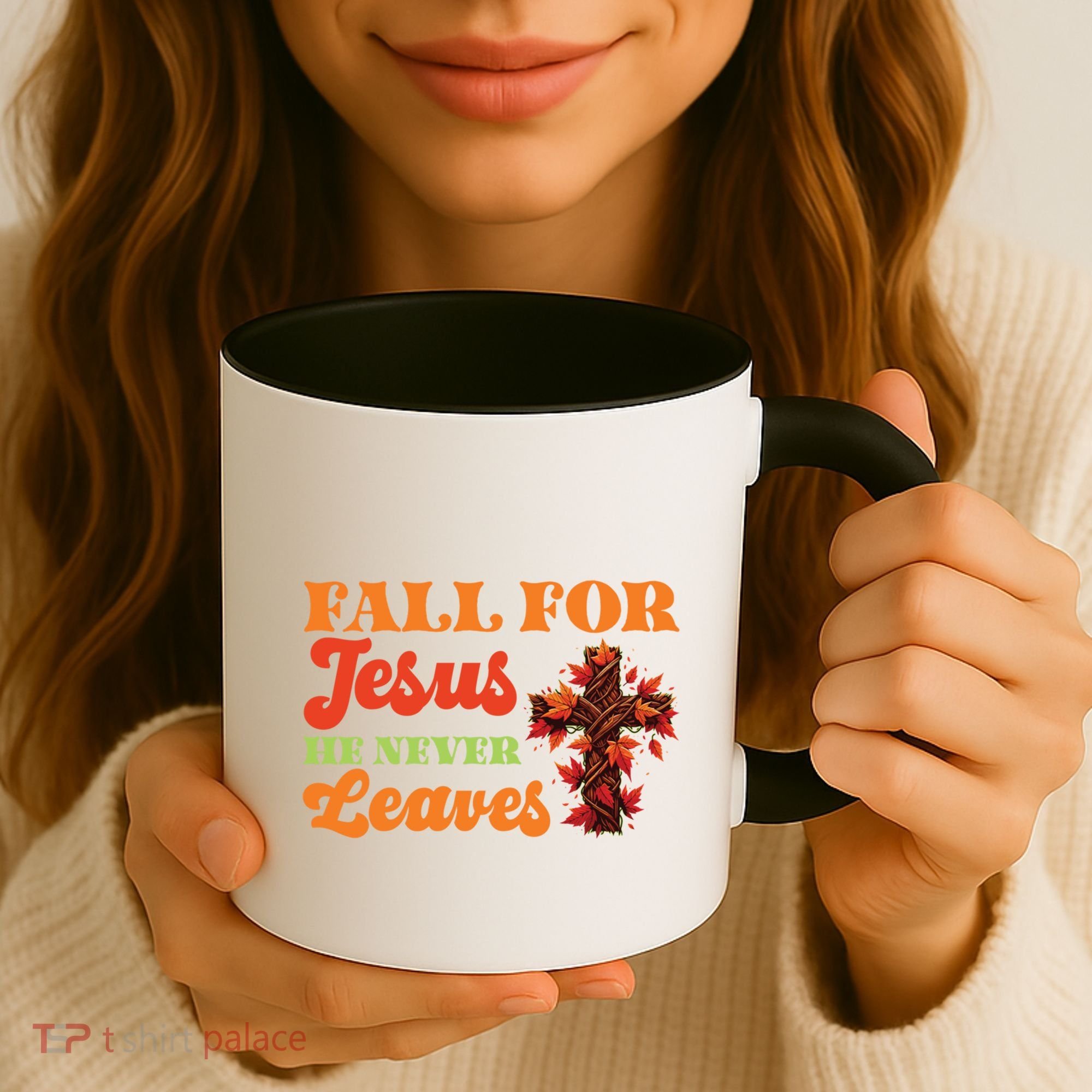Fall For Jesus He Never Leaves Autumn Christian Faith Gift Coffee Mug