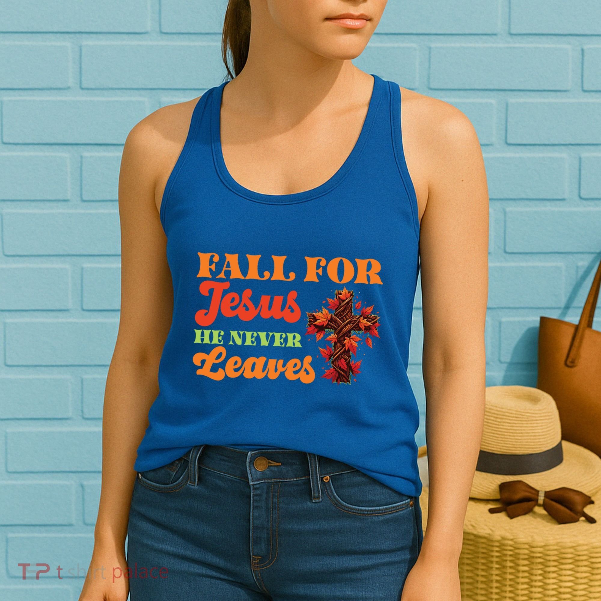 Fall For Jesus He Never Leaves Autumn Christian Faith Gift Women's Tank Top
