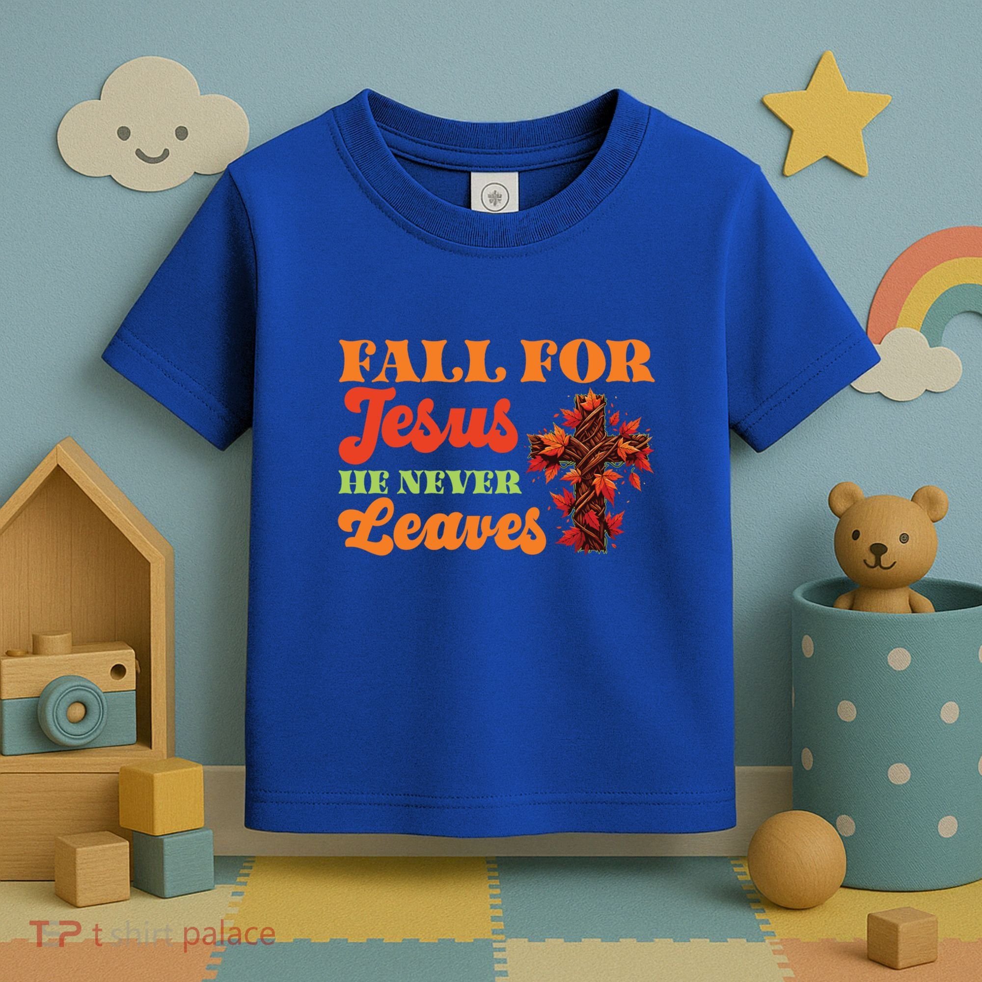 Fall For Jesus He Never Leaves Autumn Christian Faith Gift Toddler T-Shirt