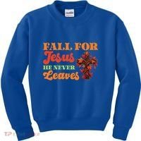 Fall For Jesus He Never Leaves Autumn Christian Faith Gift Kids Sweatshirt thumb 0
