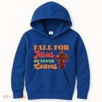 Fall For Jesus He Never Leaves Autumn Christian Faith Gift Kids Hoodie thumb 0