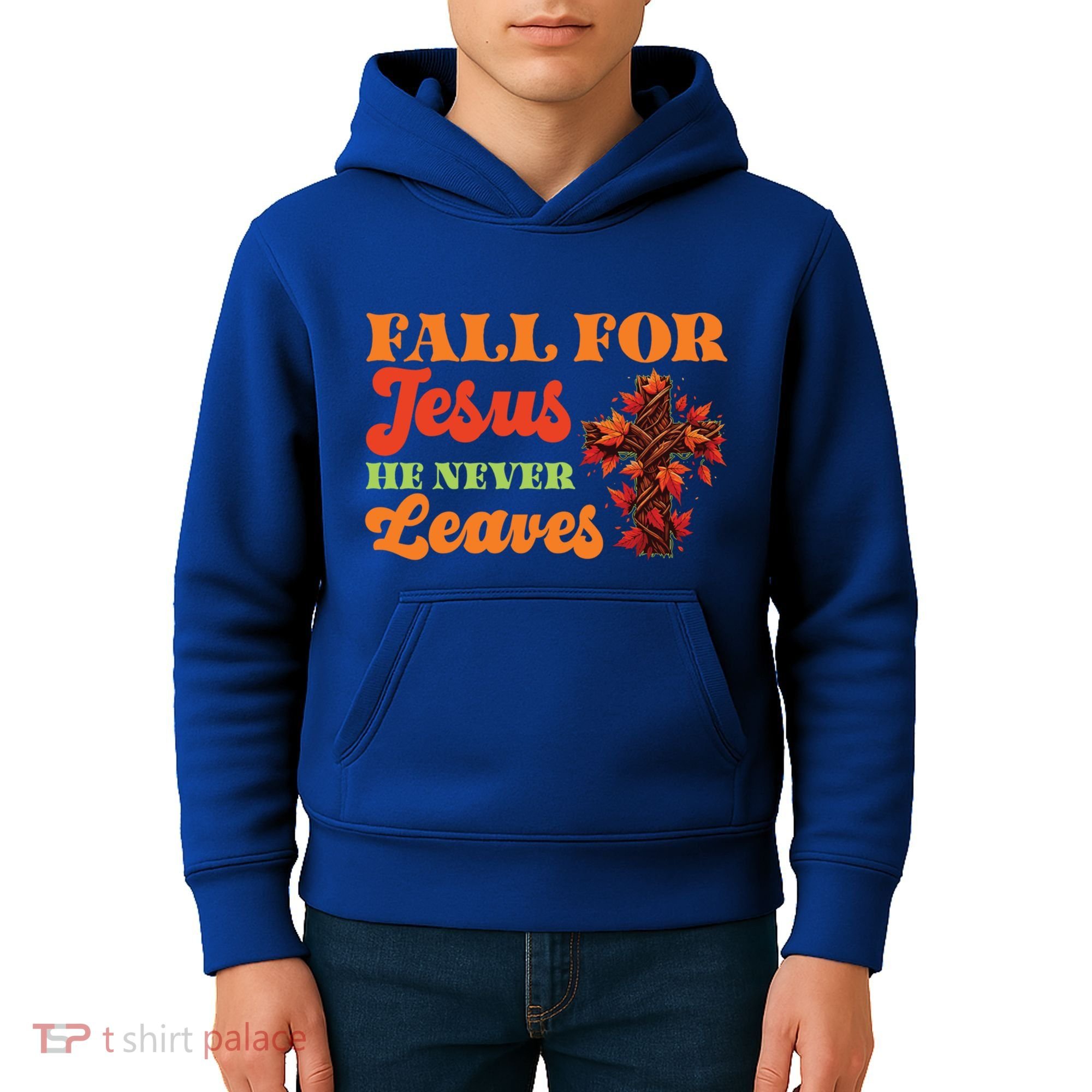 Fall For Jesus He Never Leaves Autumn Christian Faith Gift Kids Hoodie