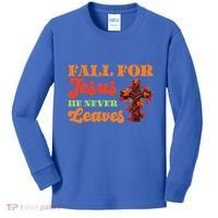 Fall For Jesus He Never Leaves Autumn Christian Faith Gift Kids Long Sleeve Shirt thumb 0