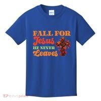 Fall For Jesus He Never Leaves Autumn Christian Faith Gift Kids T-Shirt thumb 0