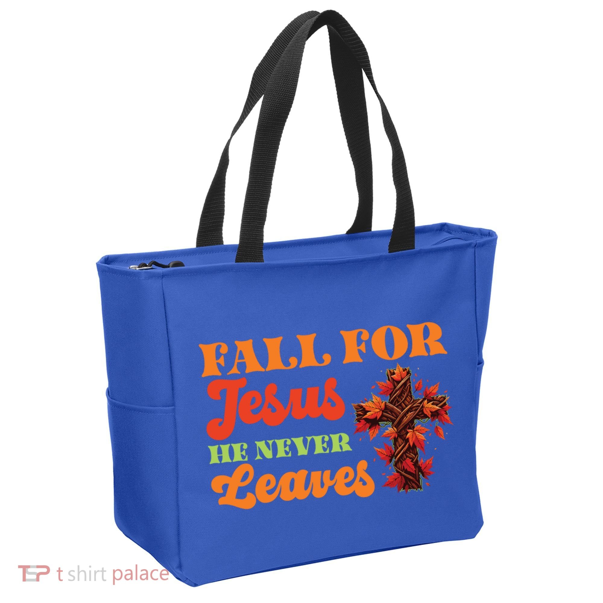 Fall For Jesus He Never Leaves Autumn Christian Faith Gift Tote Bag