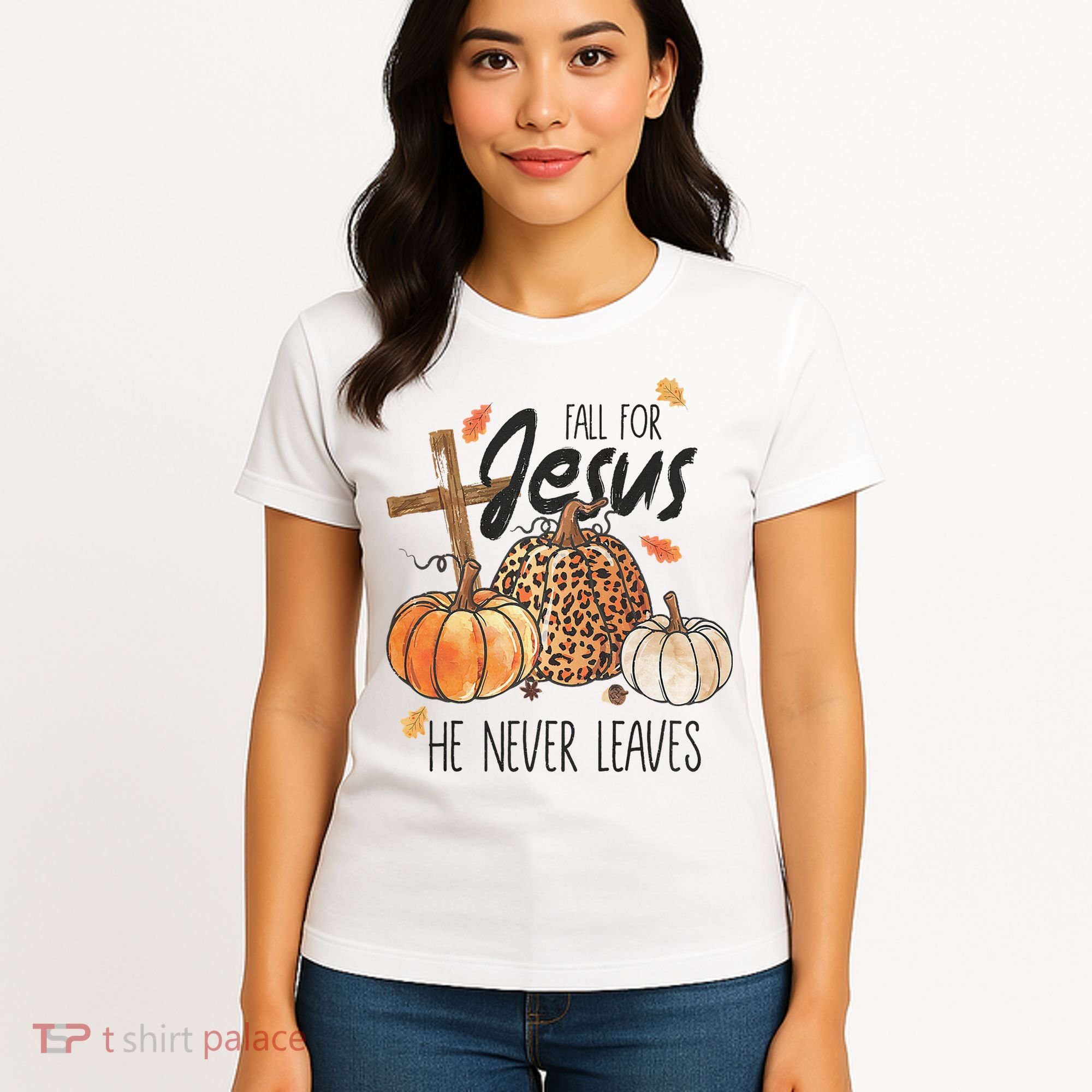 Fall for Jesus He Never Leaves Christian Thanksgiving Dinner Women's T-Shirt