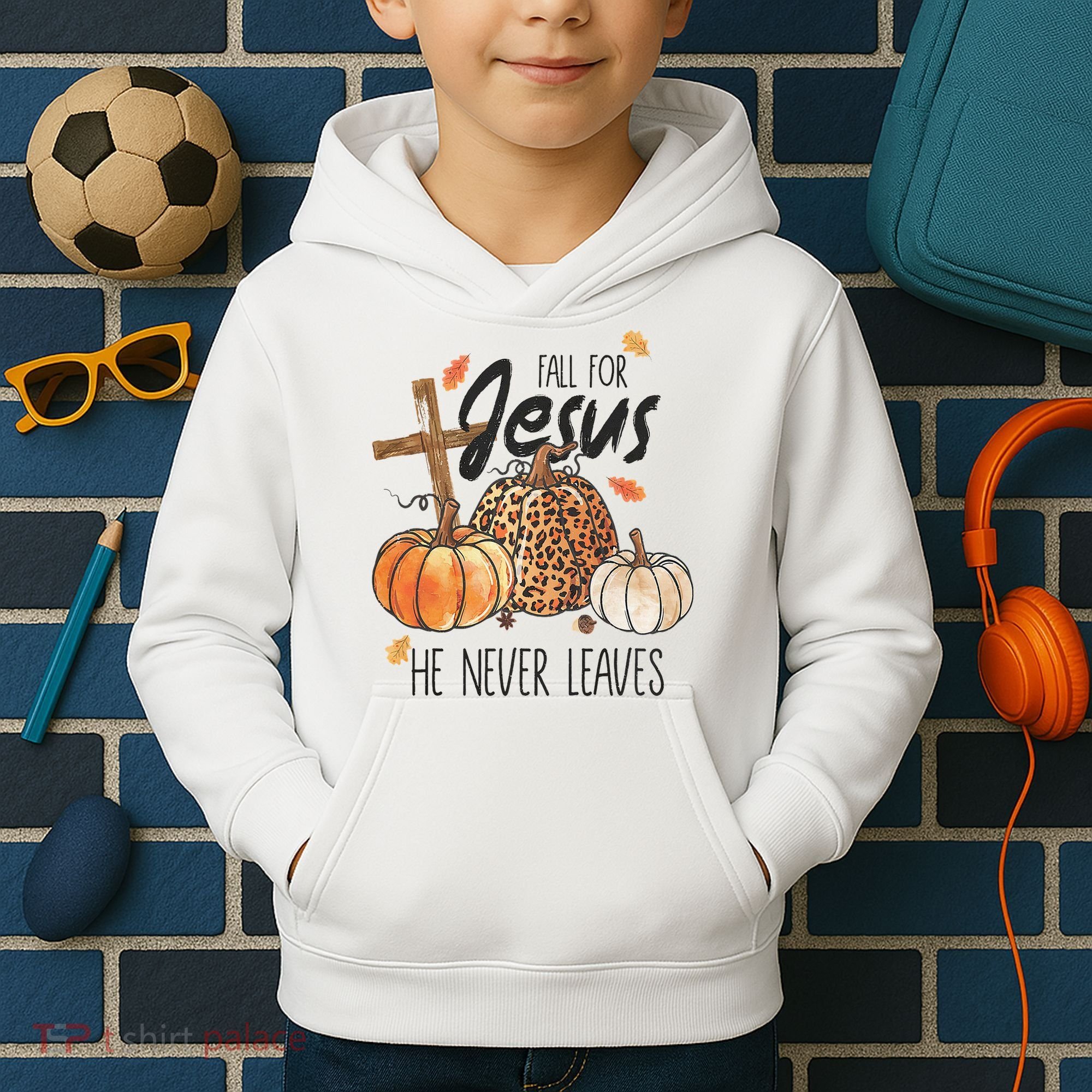 Fall for Jesus He Never Leaves Christian Thanksgiving Dinner Kids Hoodie