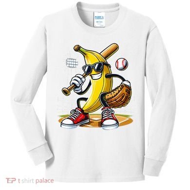 Funny Fruit Lover Banana Playing Baseball Kids Long Sleeve Shirt
