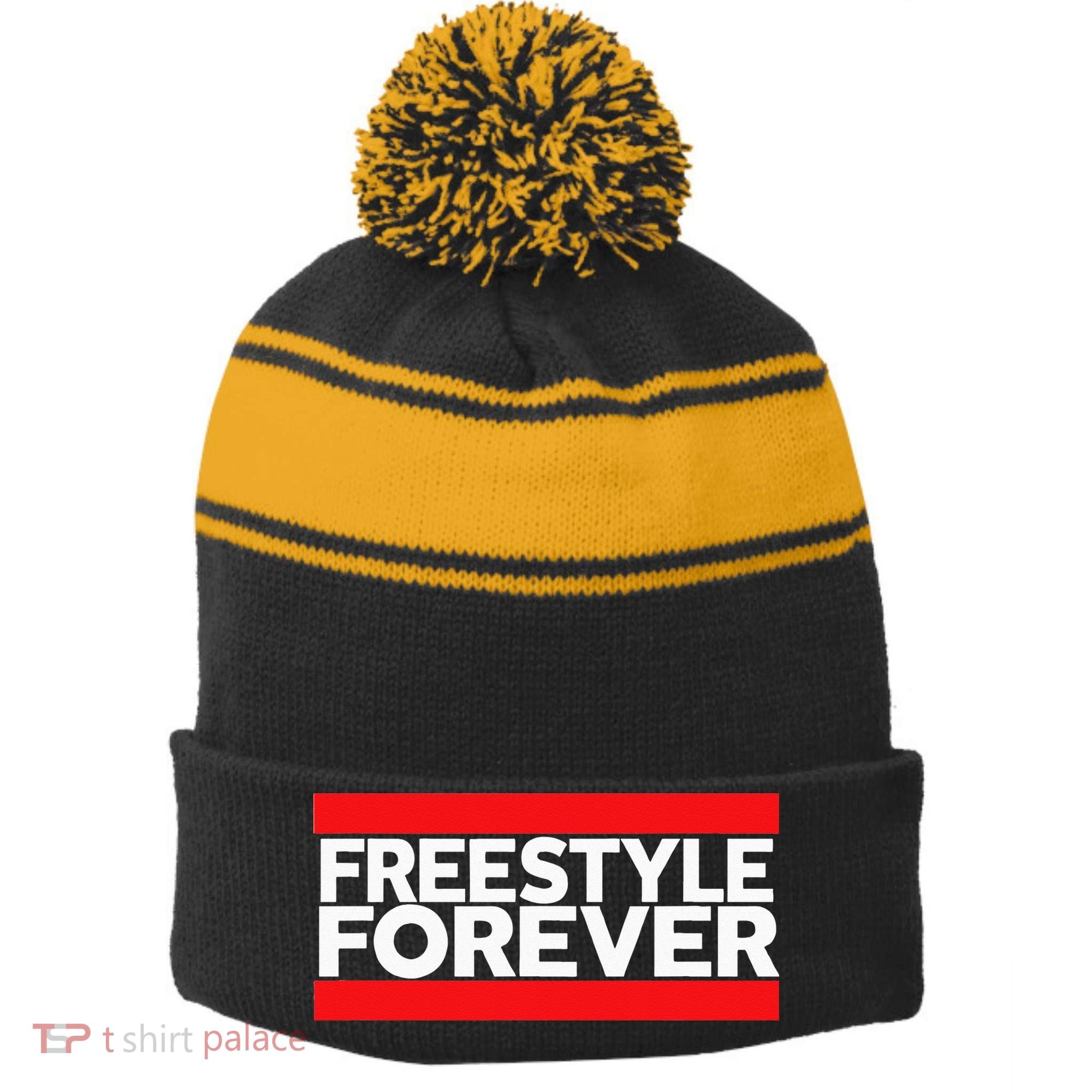 Freestyle Forever Music Fan 80s Retro Rap Style Graphic Stripe Pom Pom Beanie