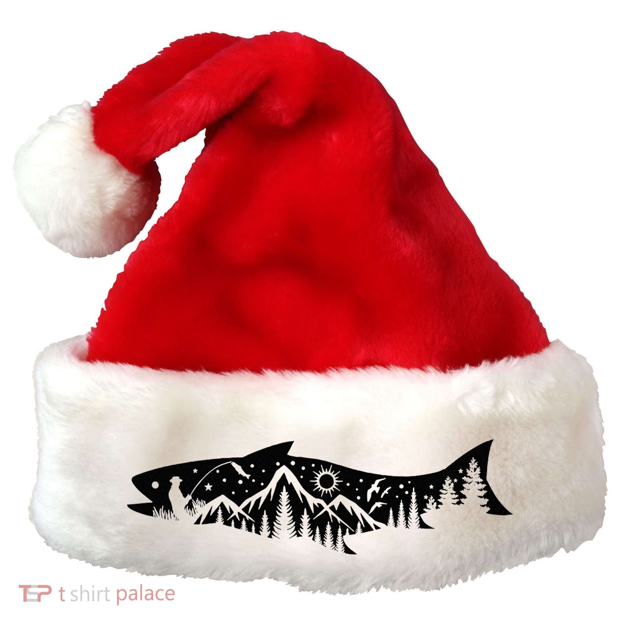 Fishing Forest Mountain Silhouette Outdoor Adventure Fishing Santa Hat