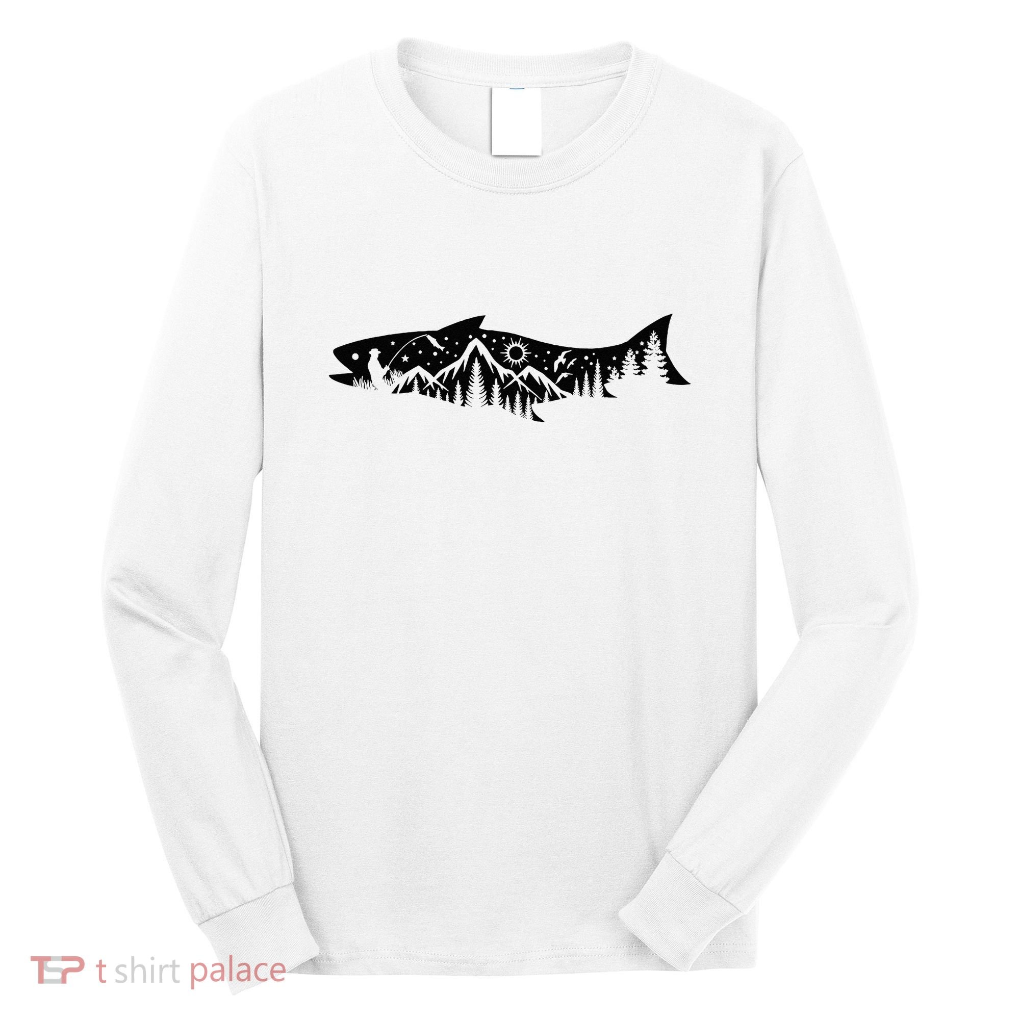 Fishing Forest Mountain Silhouette Outdoor Adventure Fishing Long Sleeve Shirt