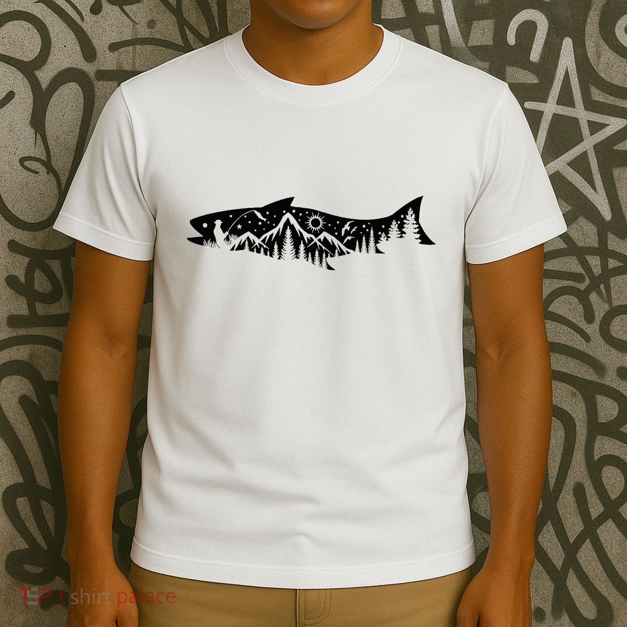 Fishing Forest Mountain Silhouette Outdoor Adventure Fishing T-Shirt