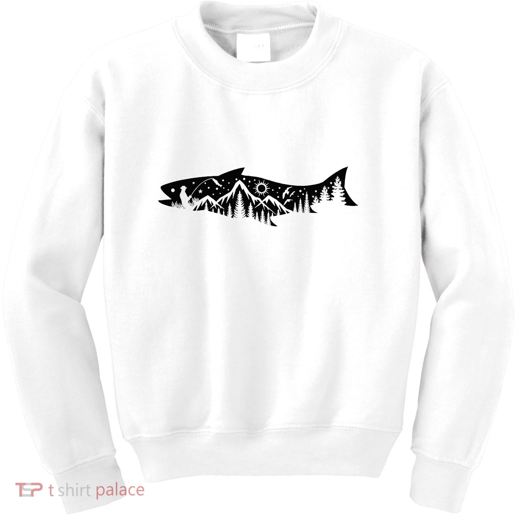 Fishing Forest Mountain Silhouette Outdoor Adventure Fishing Kids Sweatshirt