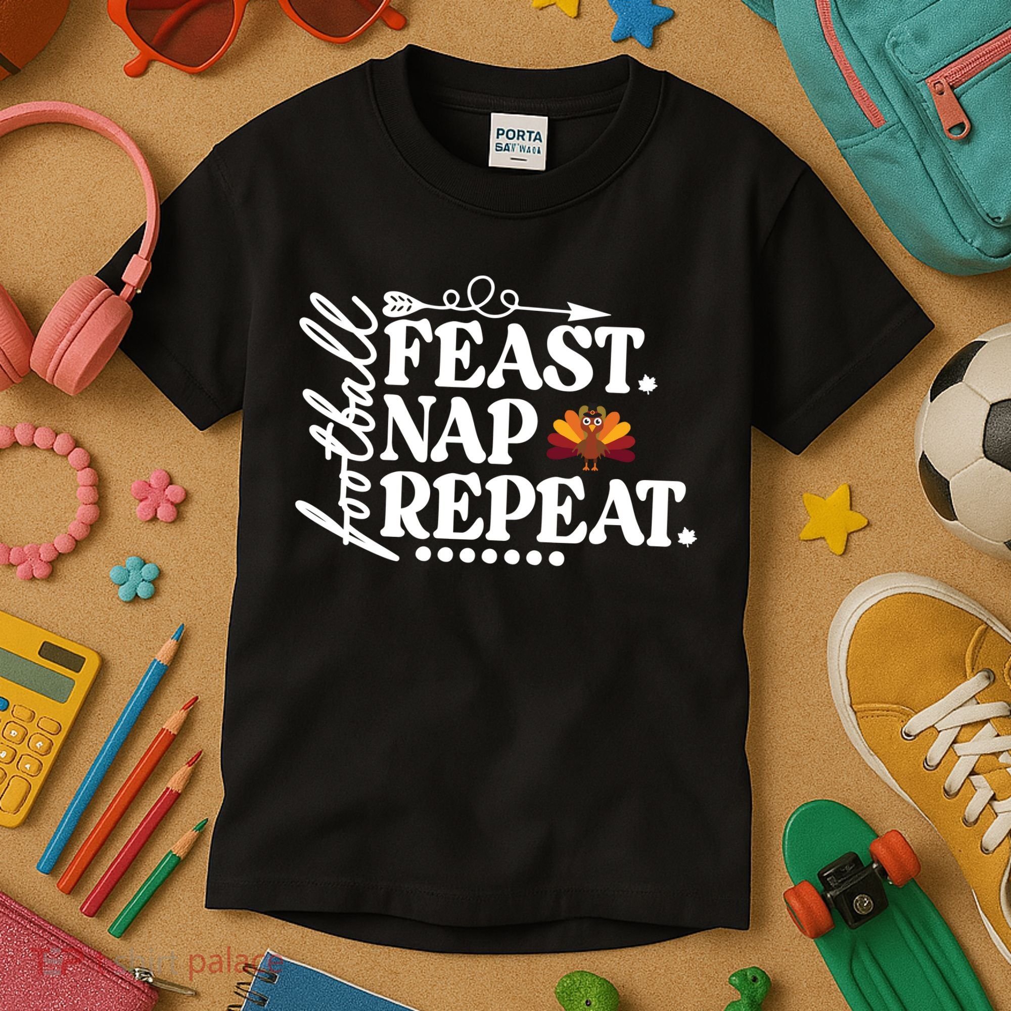 Football Feast Nap Repeat Kids T-Shirt