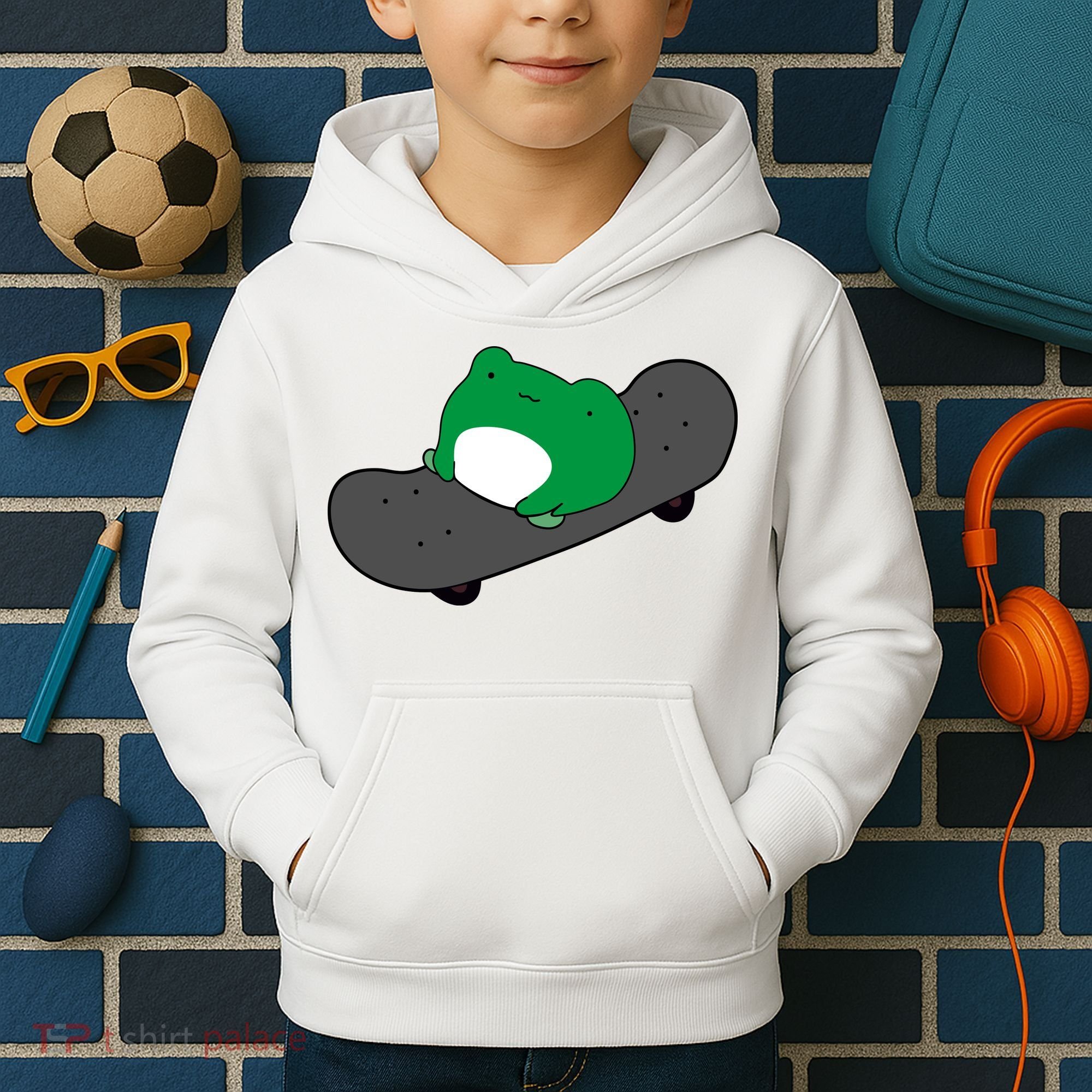 Funny Frog On Skateboard Kids Hoodie