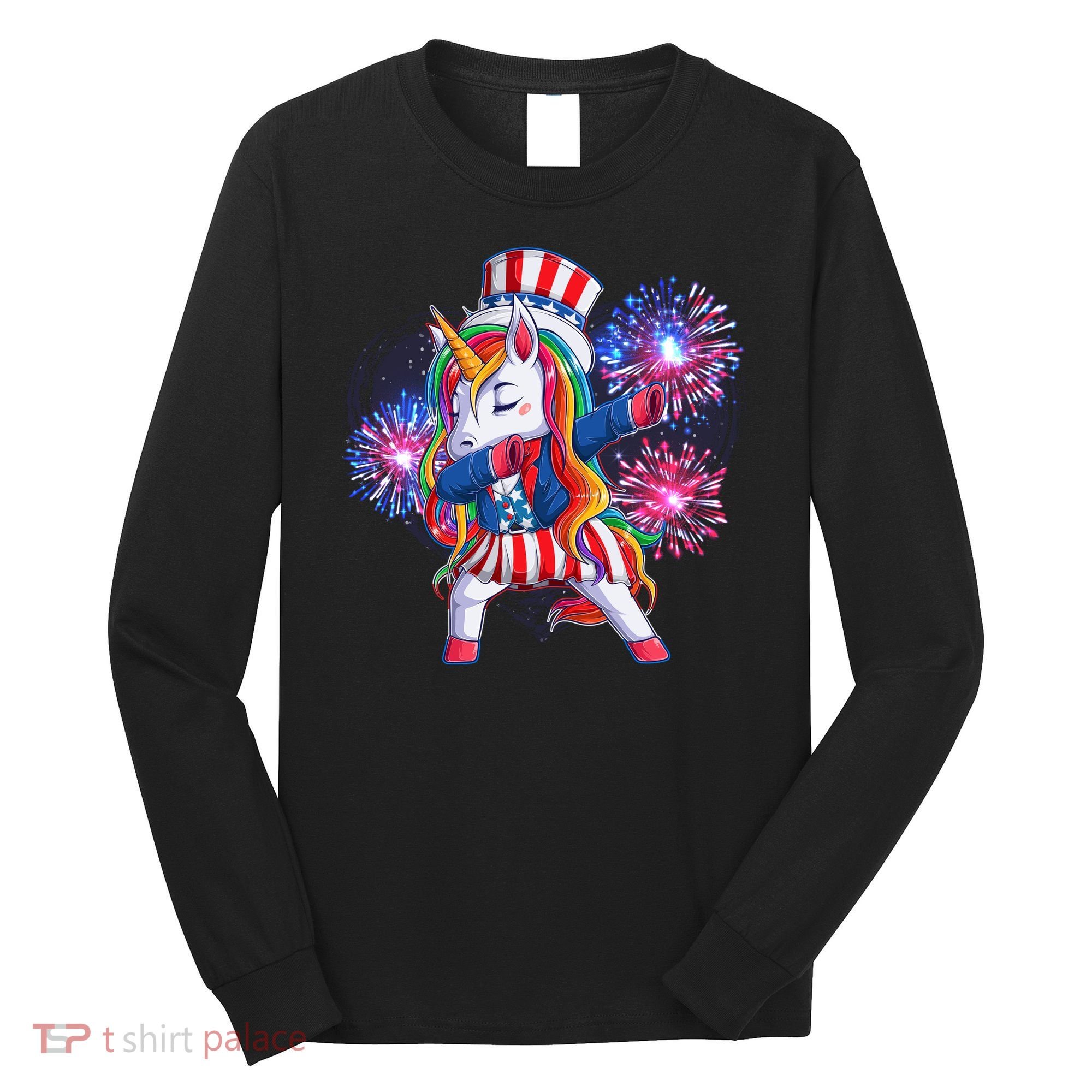 Funny Fourth Of July Fireworks Dabbing Unicorn Long Sleeve Shirt