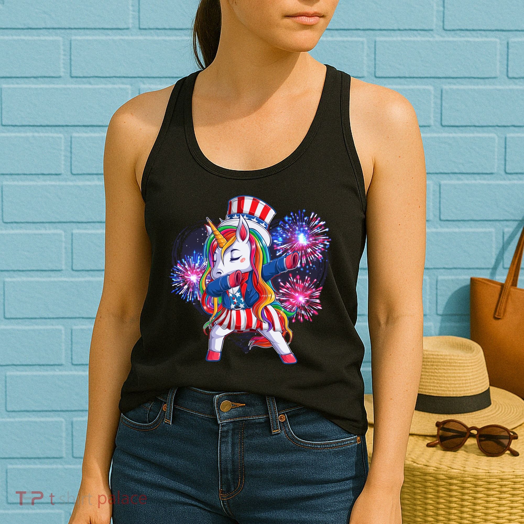 Funny Fourth Of July Fireworks Dabbing Unicorn Women's Tank Top