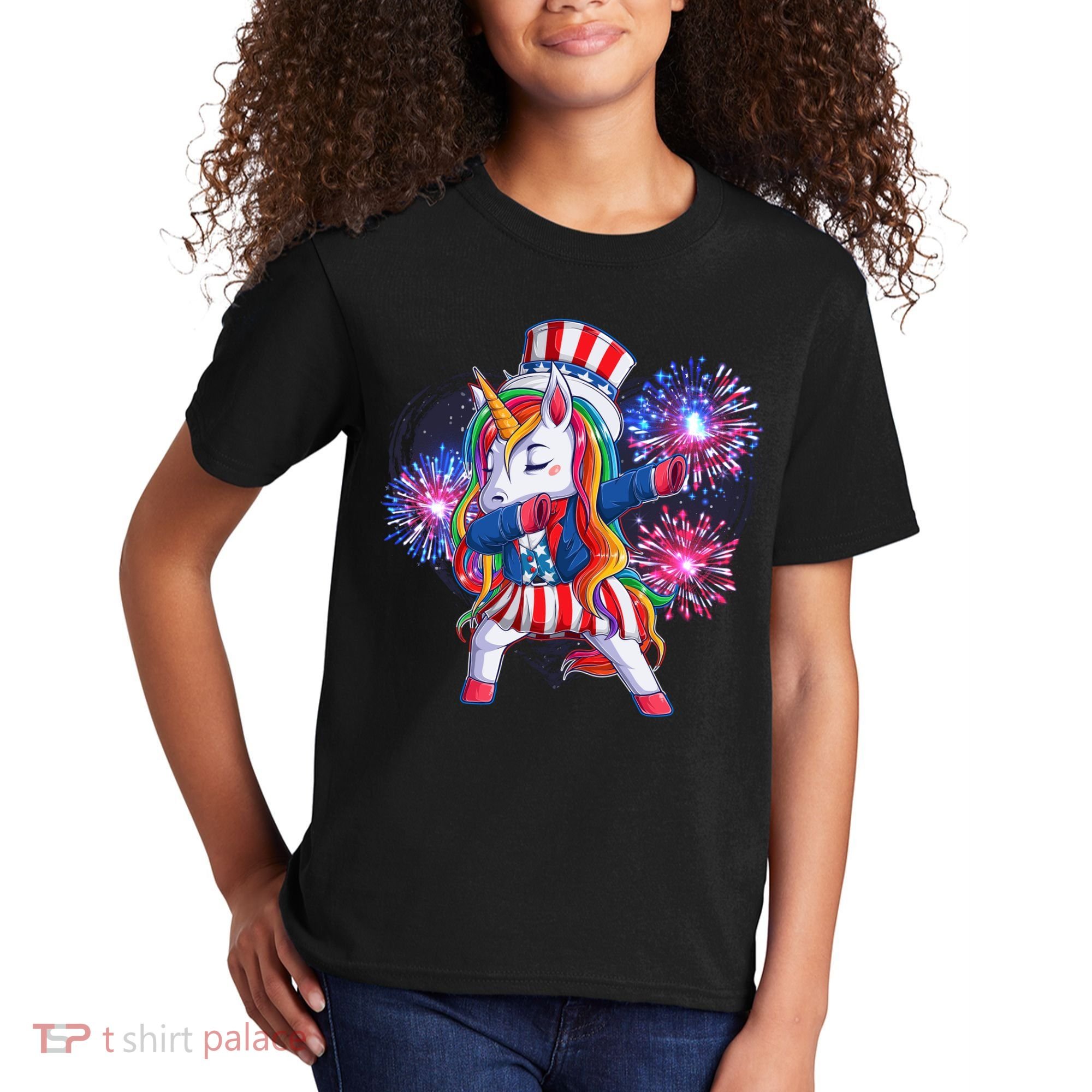Funny Fourth Of July Fireworks Dabbing Unicorn Kids T-Shirt