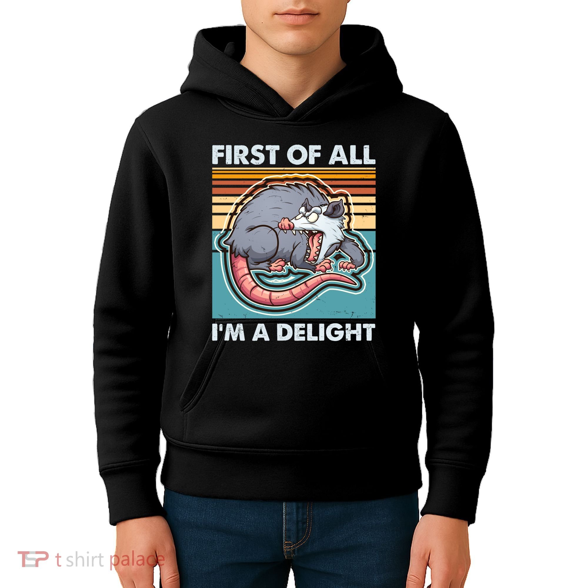 Funny First Of All Im A Delight Screaming Opossum Kids Hoodie