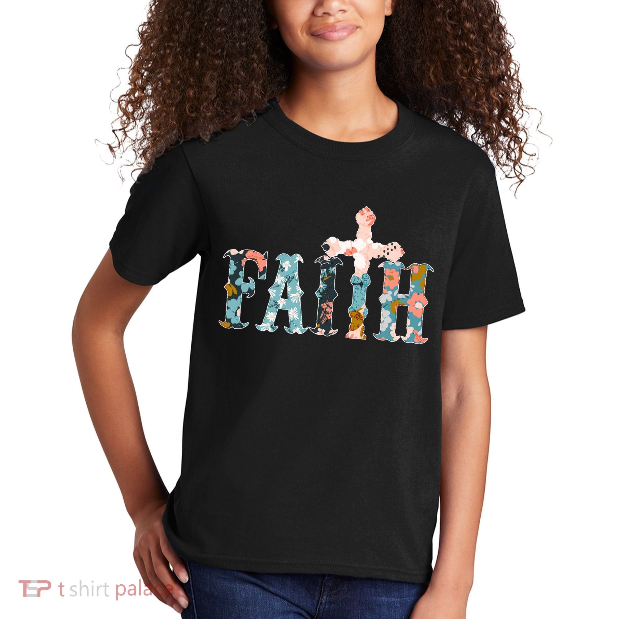 Floral Flower Print Faith Kids T-Shirt