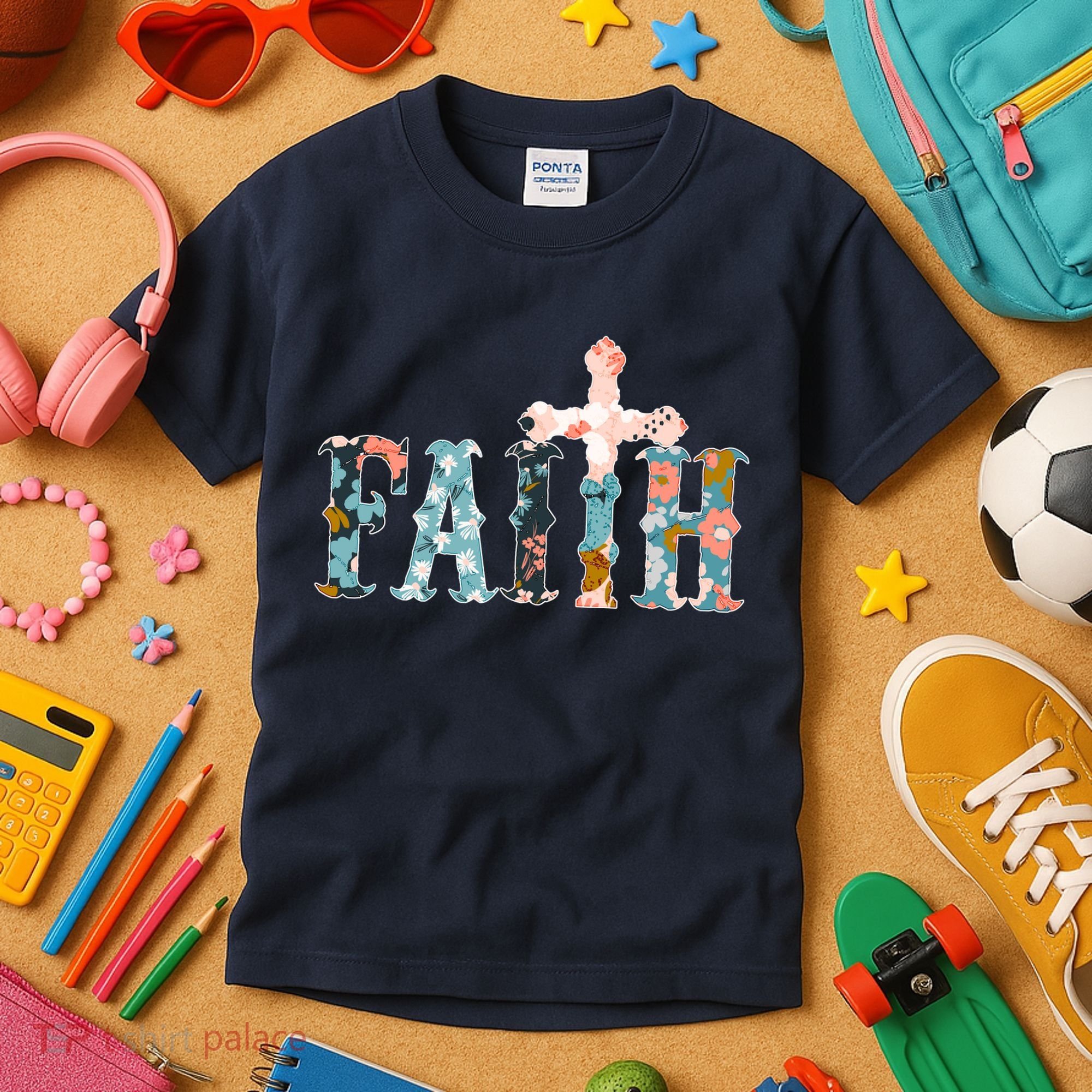 Floral Flower Print Faith Kids T-Shirt