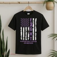 Fight Flag Purple Ribbon Support Pancreatic Cancer Awareness T-Shirt thumb 2