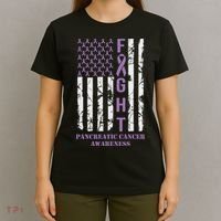 Fight Flag Purple Ribbon Support Pancreatic Cancer Awareness T-Shirt thumb 4