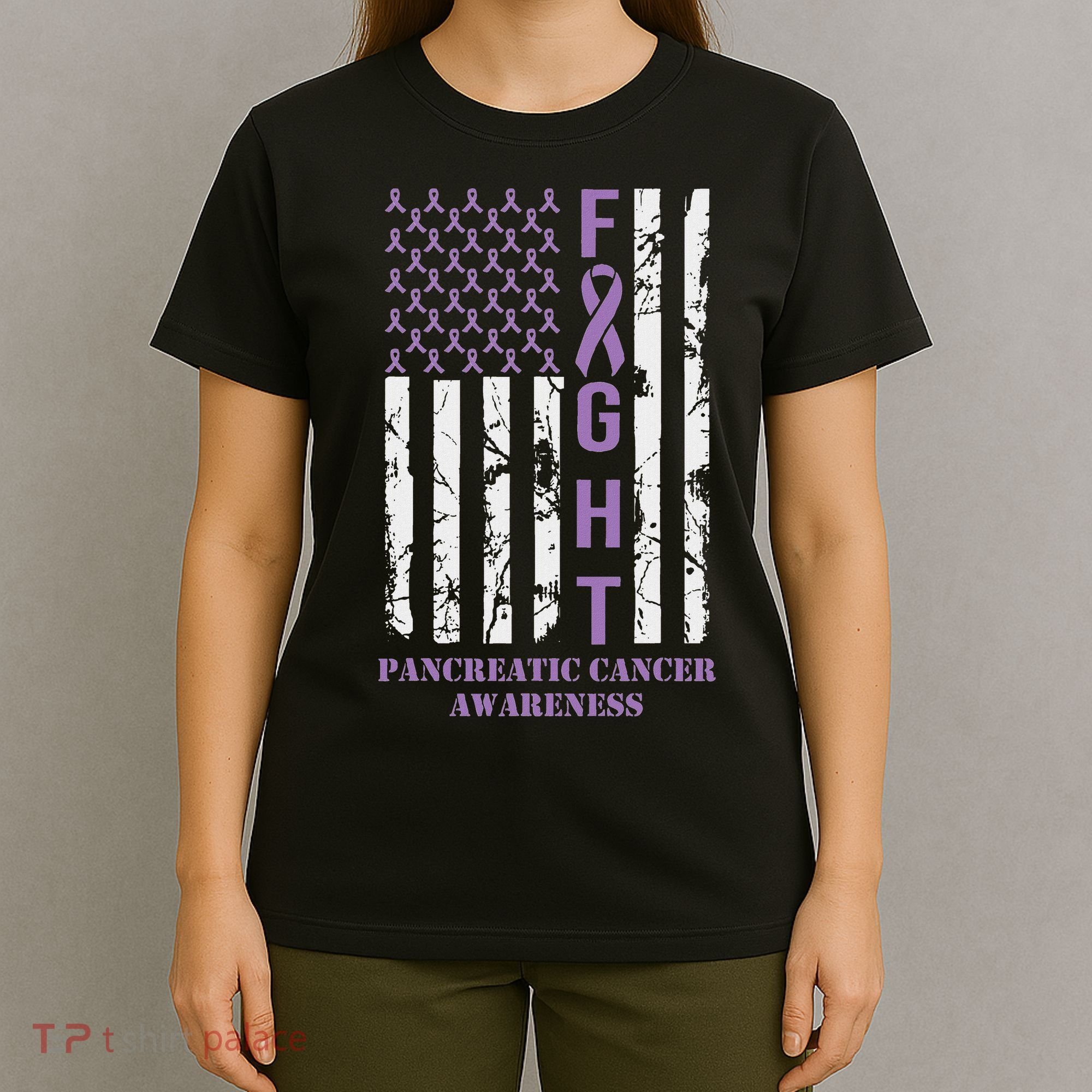 Fight Flag Purple Ribbon Support Pancreatic Cancer Awareness T-Shirt