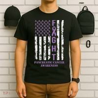 Fight Flag Purple Ribbon Support Pancreatic Cancer Awareness T-Shirt thumb 6