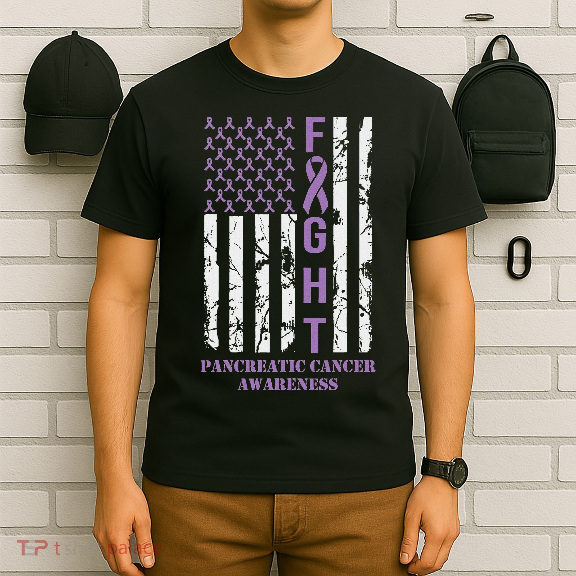 Fight Flag Purple Ribbon Support Pancreatic Cancer Awareness T-Shirt