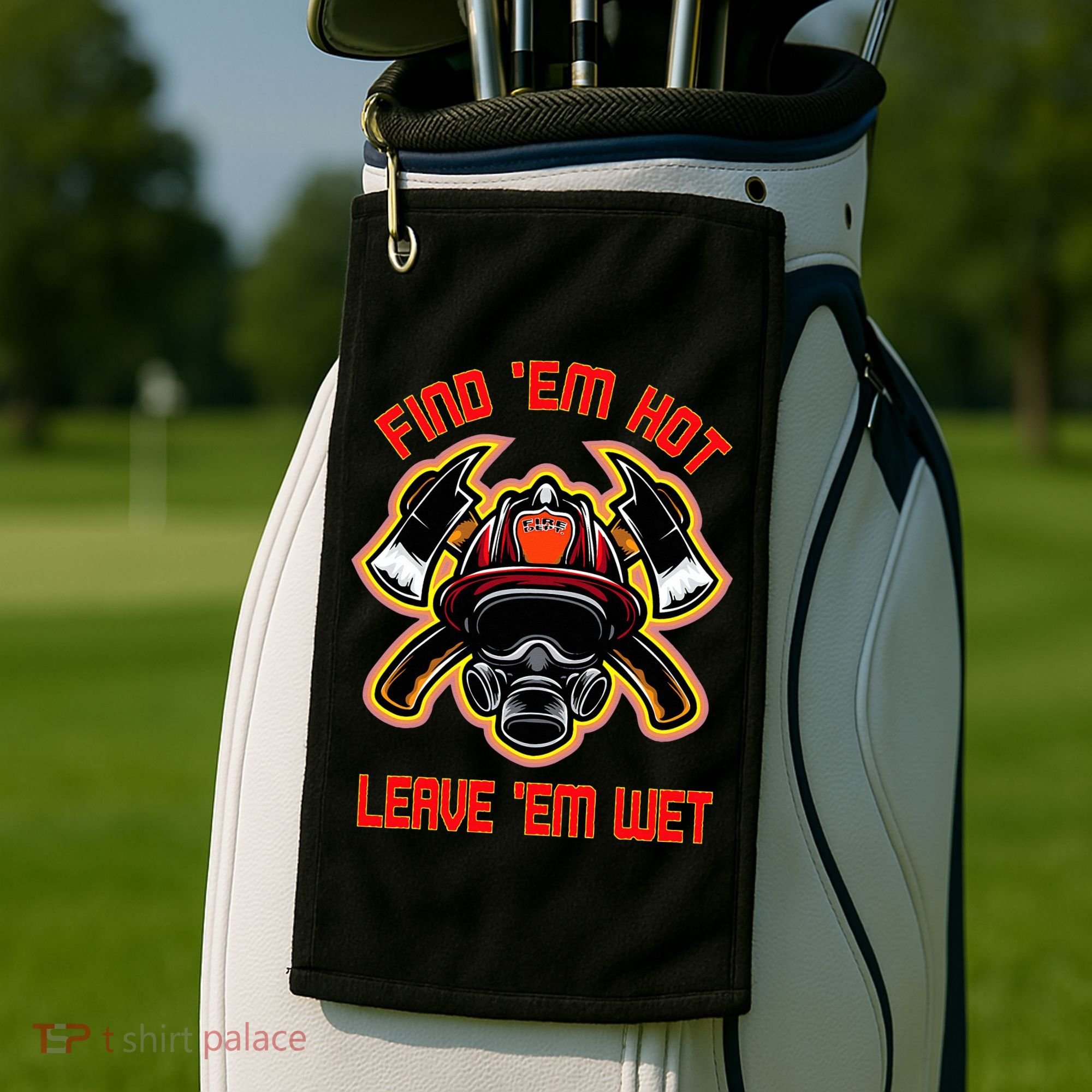 Funny Firefighter Saying Find Em Hot Leave Em Wet Fireman Golf Towel