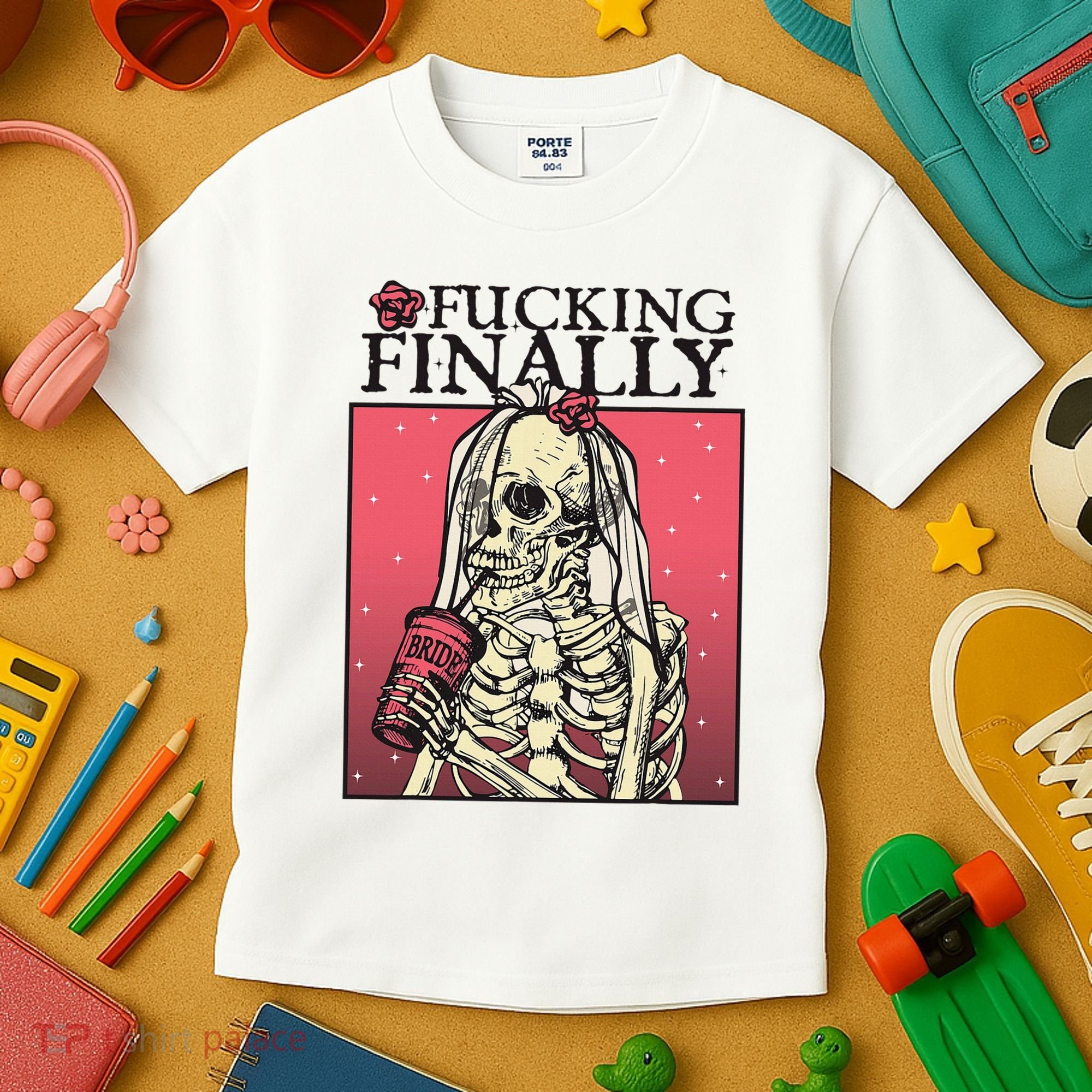 Fucking Finally Sugar Skull Bride Engagement Bride Squad Kids T-Shirt