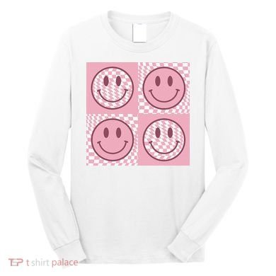Funny Face Shirt Checkered Pattern Smile Face Meme Trendy Long Sleeve Shirt