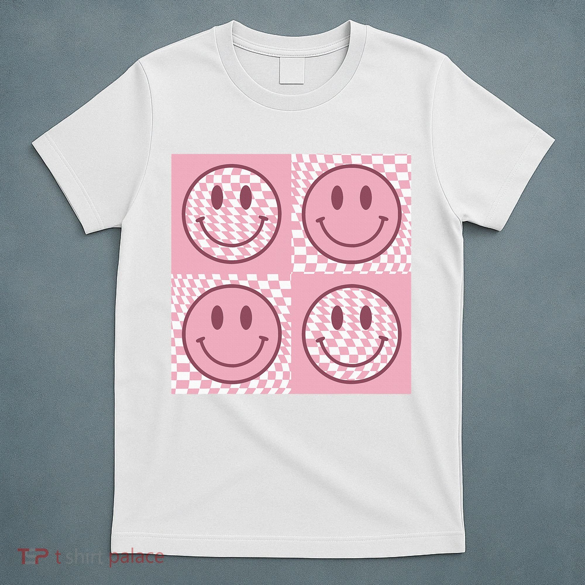 Funny Face Shirt Checkered Pattern Smile Face Meme Trendy T-Shirt