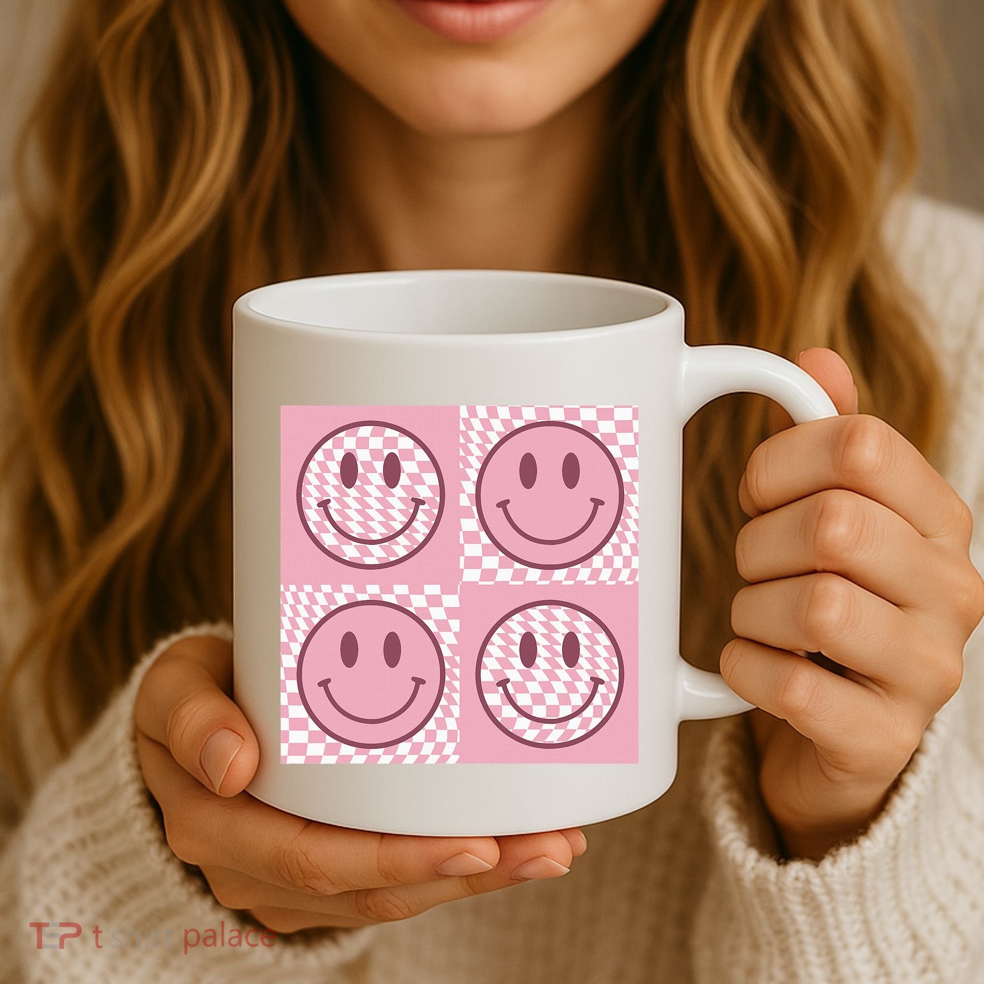 Funny Face Shirt Checkered Pattern Smile Face Meme Trendy Coffee Mug
