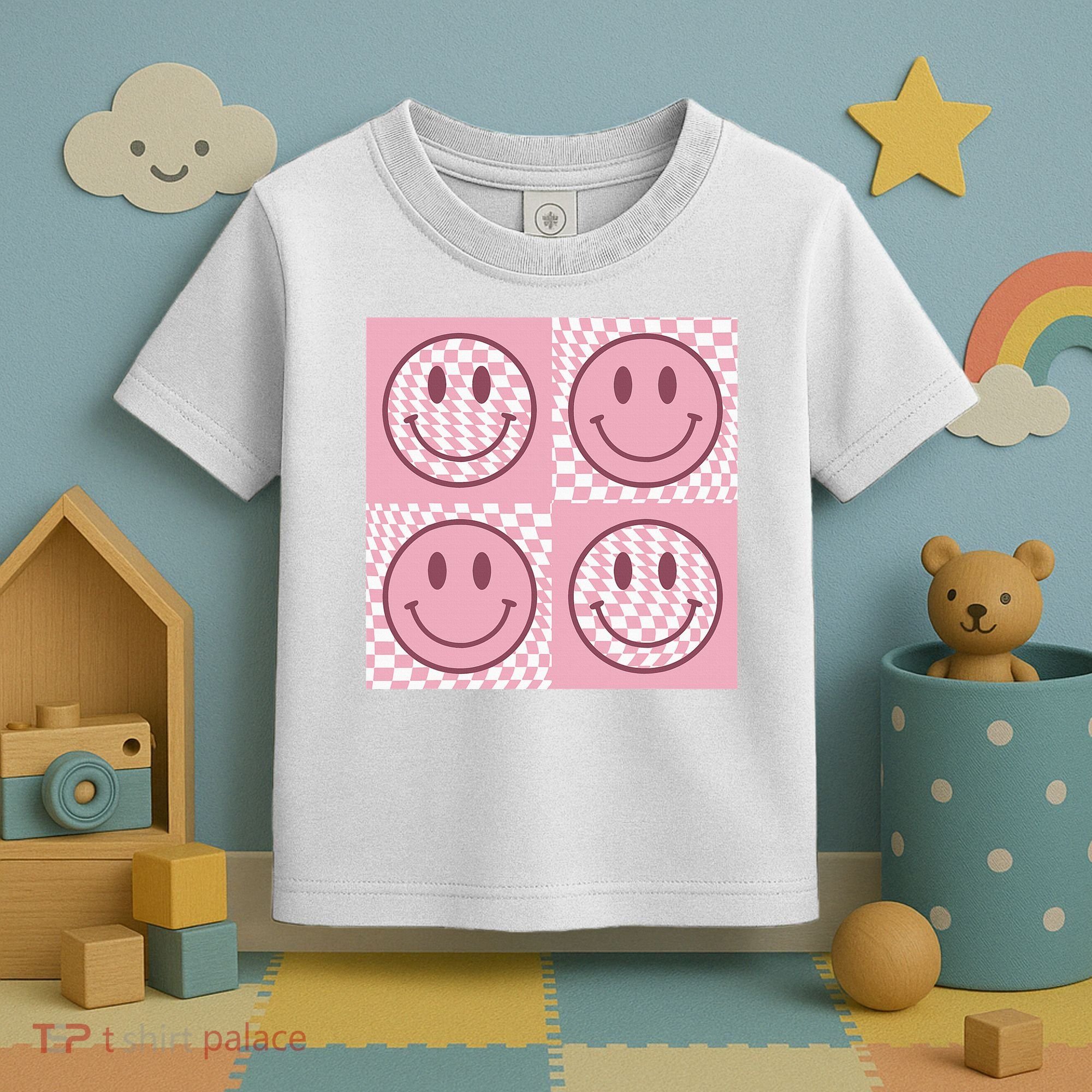 Funny Face Shirt Checkered Pattern Smile Face Meme Trendy Toddler T-Shirt