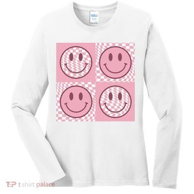 Funny Face Shirt Checkered Pattern Smile Face Meme Trendy Women's Long Sleeve Shirt