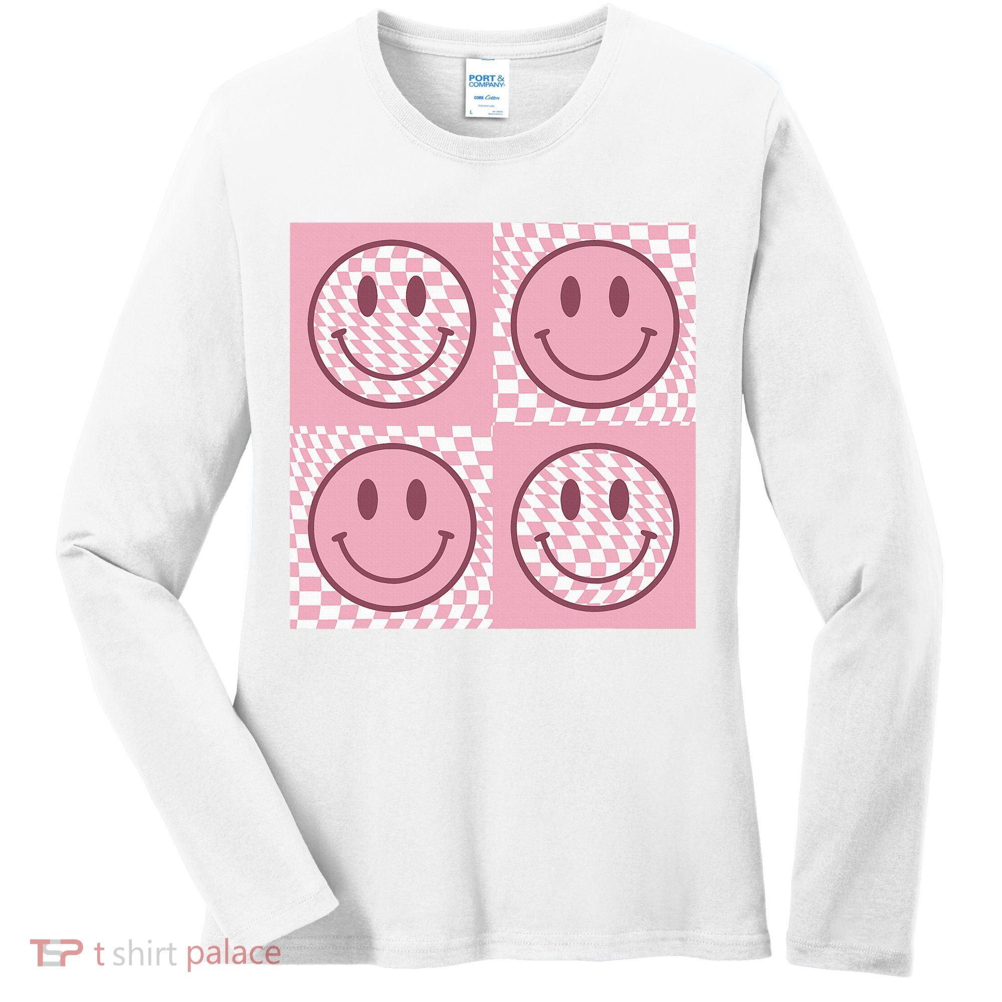 Funny Face Shirt Checkered Pattern Smile Face Meme Trendy Women's Long Sleeve Shirt