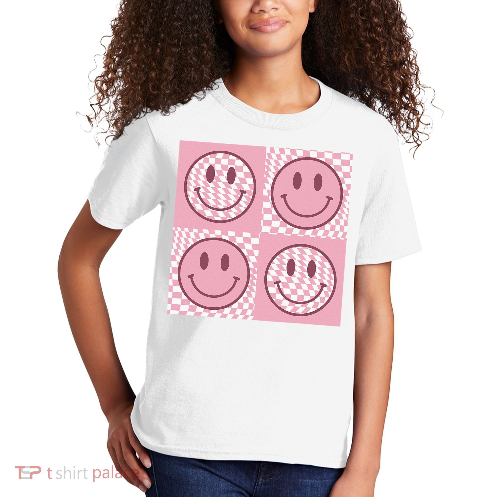 Funny Face Shirt Checkered Pattern Smile Face Meme Trendy Kids T-Shirt